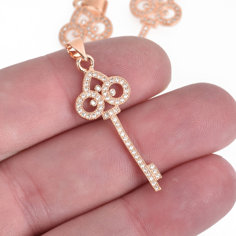 1 Rose Gold KEY Charm Pendant, Micro Pave Cubic Zirconia Crystals, Rhinestone with Brass Metal, 1.5", chs3964