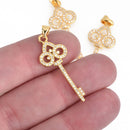 1 Gold KEY Charm Pendant, Micro Pave Cubic Zirconia Crystals, Rhinestone with Brass Metal, 1.5", chs3965
