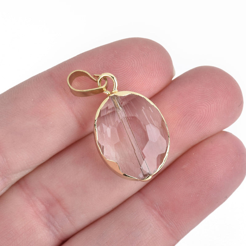1 Crystal Oval Drop Pendant, Clear Glass CRYSTAL, Faceted, GOLD Bail, 30x16mm, chs3967