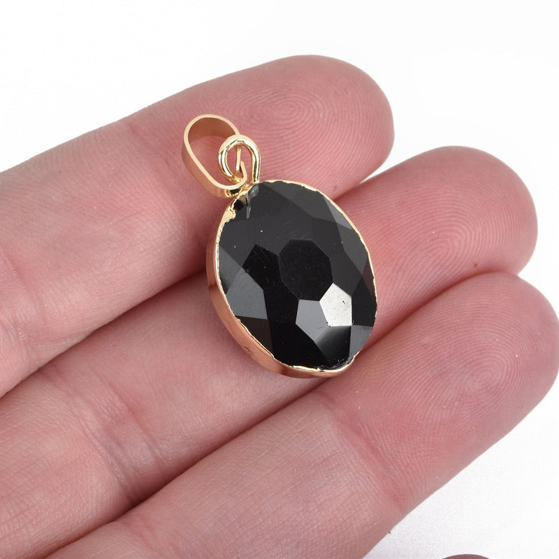 1 Crystal Oval Drop Pendant, BLACK Glass, Faceted, GOLD Bail, 30x16mm, chs3968