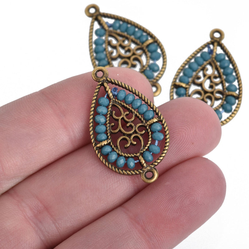 2 Bronze Teardrop Filigree Charms, TEAL BLUE Crystal Beads, Connector Link, 1.25" long, chs3971