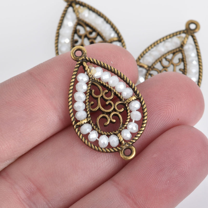 2 Bronze Teardrop Filigree Charms, WHITE Crystal Beads, Connector Link, 1.25" long, chs3972