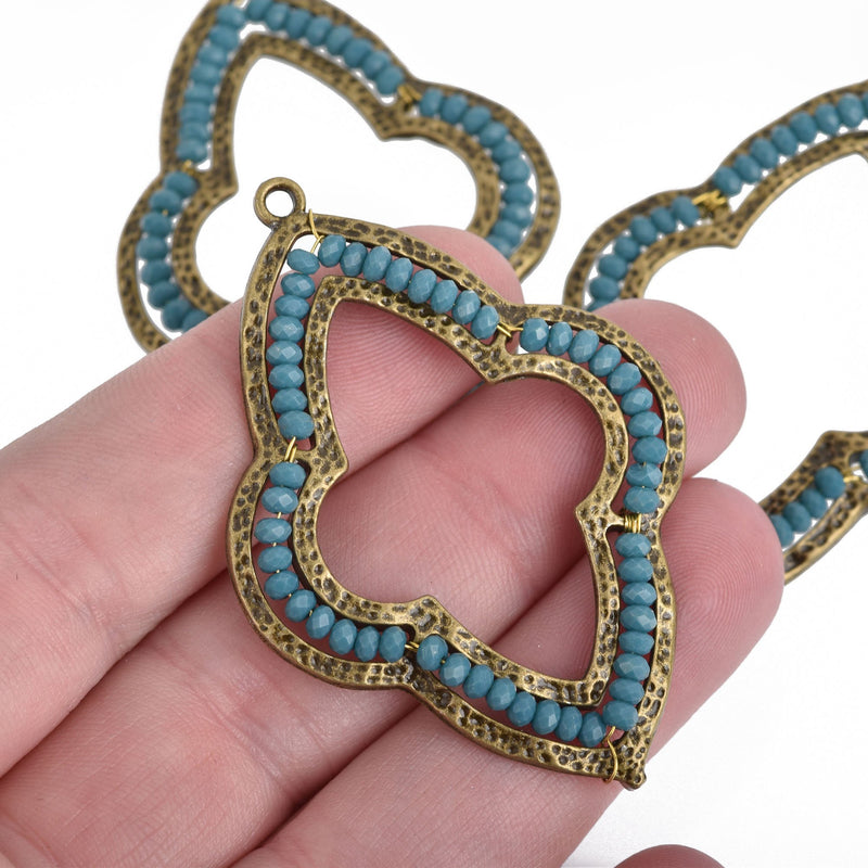 2 Bronze QUATREFOIL Beaded Charms, TEAL BLUE Crystal Beads, Connector Link, 2-1/4" long, chs3975