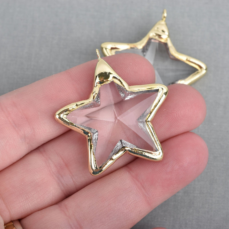 1 Crystal STAR Drop Pendant, Clear Glass, Faceted, GOLD Bail, 1.5" long, chs3978