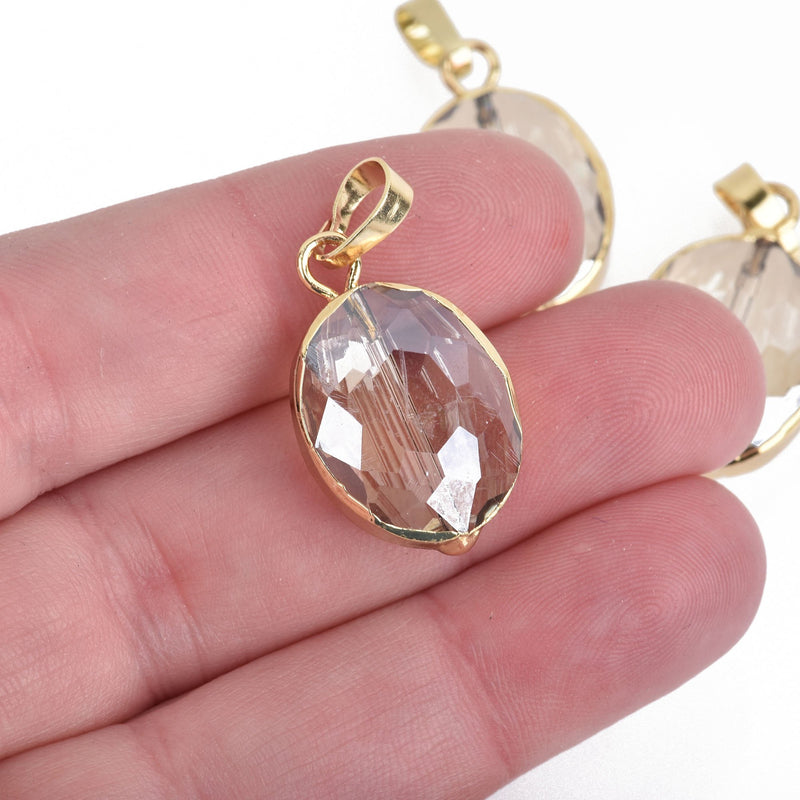 1 Crystal Oval Drop Pendant, CHAMPAGNE Glass CRYSTAL, Faceted, GOLD Bail, 30x16mm, chs3979