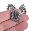 2 Gunmetal Teardrop Filigree Charms, TEAL BLUE Crystal Beads, Connector Link, 1.25" long, chs3982