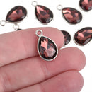 10 PURPLE AMETHYST Rhinestone Teardrop Drop Charms, Crystal Glass in Silver Tone Bezel, February Birthstone, 19x12mm, chs3987