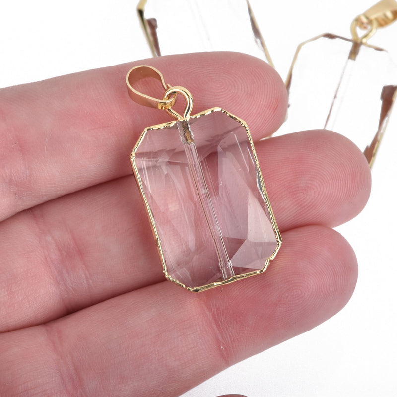 1 Crystal RECTANGLE Drop Pendant, Clear Glass CRYSTAL, Faceted, GOLD Bail, 35x18mm, chs3992