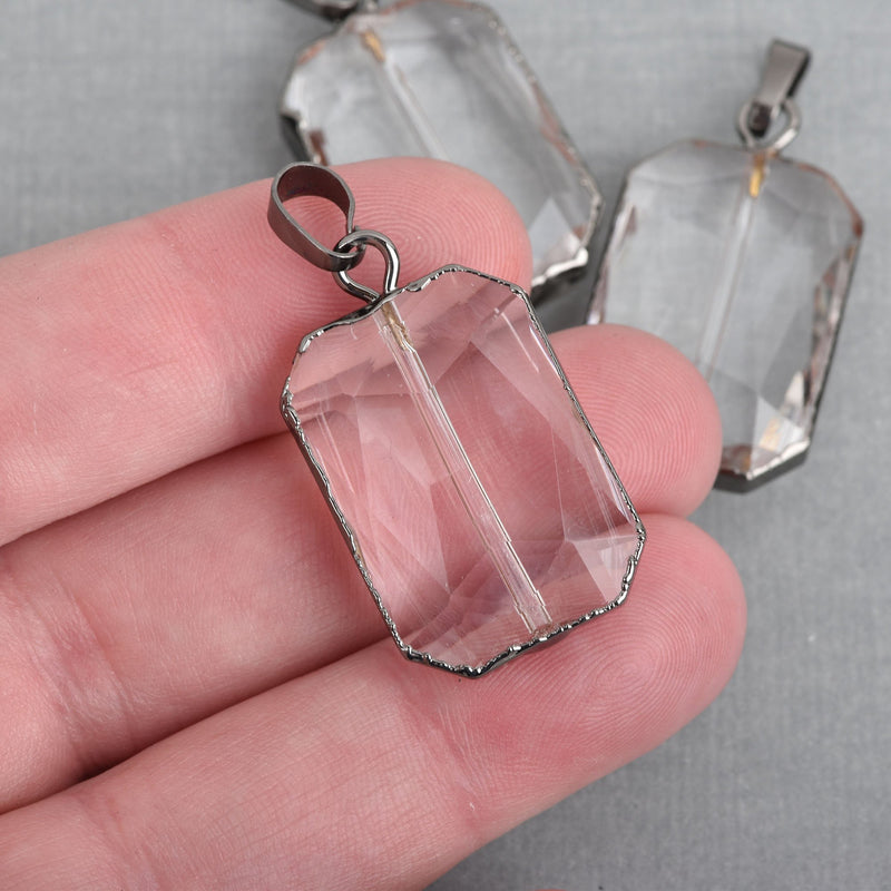 1 Crystal RECTANGLE Drop Pendant, Clear Glass CRYSTAL, Faceted, GUNMETAL Bail, 35x18mm, chs3993