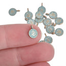 25 Light Gold Drop Charms, green verdigris patina, 7mm circle, textured, chs3997a