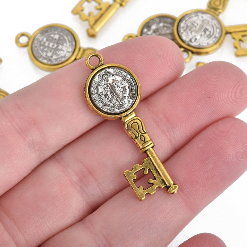 5 Religious Medal Key Charms, Gold and Silver Relic Charm Pendants, Patron Saint charms, 40x15mm, chs4000