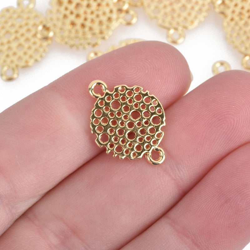 10 Gold Drop Charms, filigree 2-hole connector links, 15x12mm round coin charm, chs4003