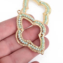 2 Gold QUATREFOIL Beaded Charms, MINT GREEN Crystal Beads, Connector Link, 2-1/4" long, chs4012