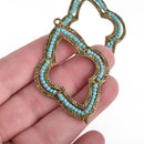 2 Bronze QUATREFOIL Beaded Charms, TURQUOISE BLUE Crystal Beads, Connector Link, 2-1/4" long, chs4013