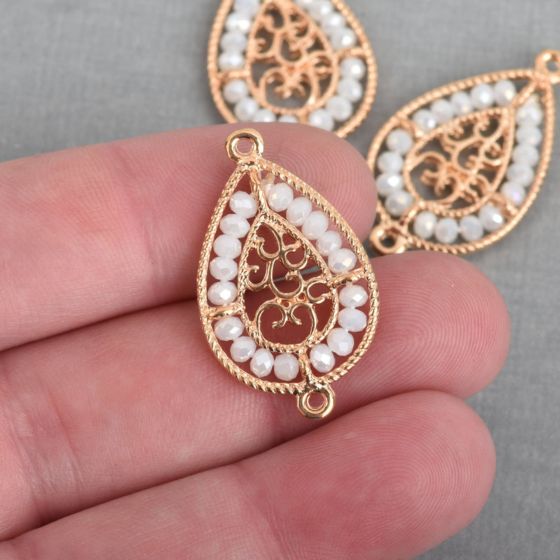 2 Gold Teardrop Filigree Charms, WHITE Crystal Beads, Connector Link, 1.25" long, chs4017