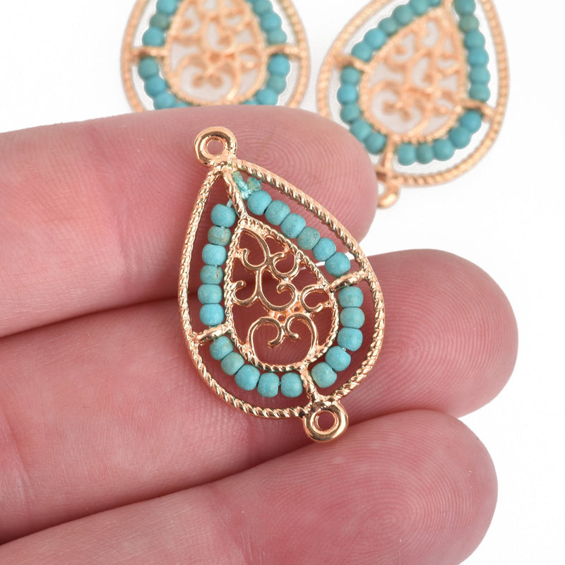 2 Gold Teardrop Filigree Charms, TURQUOISE BLUE Crystal Beads, Connector Link, 1.25" long, chs4018