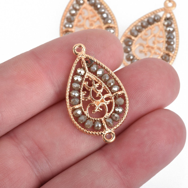 2 Gold Teardrop Filigree Charms, MUSHROOM GRAY Crystal Beads, Connector Link, 1.25" long, chs4021