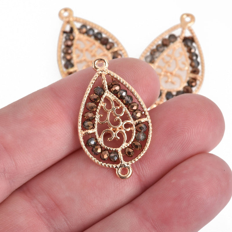 2 Gold Teardrop Filigree Charms, BRONZE Crystal Beads, Connector Link, 1.25" long, chs4022