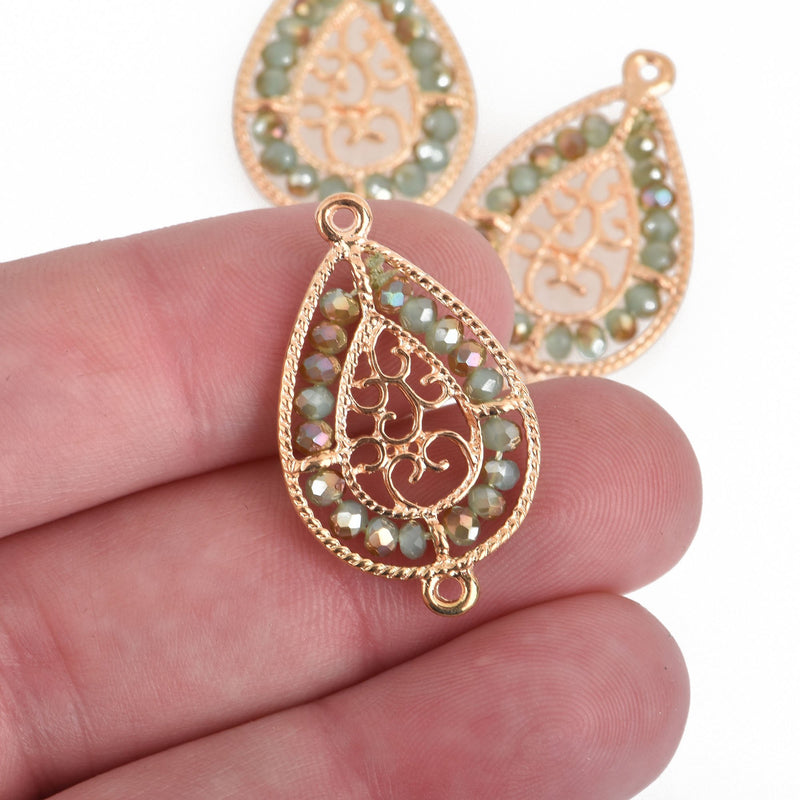 2 Gold Teardrop Filigree Charms, MINT GREEN TAN Crystal Beads, Connector Link, 1.25" long, chs4023