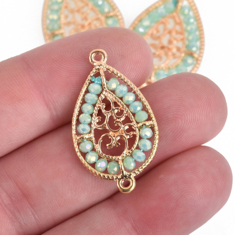 2 Gold Teardrop Filigree Charms, MINT GREEN AB Crystal Beads, Connector Link, 1.25" long, chs4024