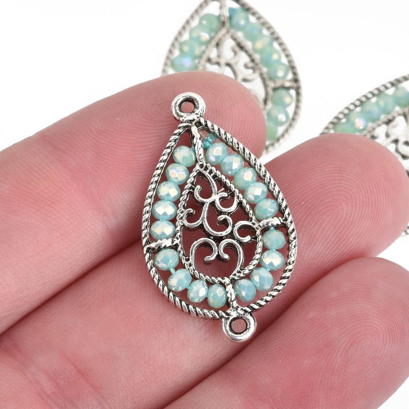 2 Silver Teardrop Filigree Charms, MINT GREEN AB Crystal Beads, Connector Link, 1.25" long, chs4025