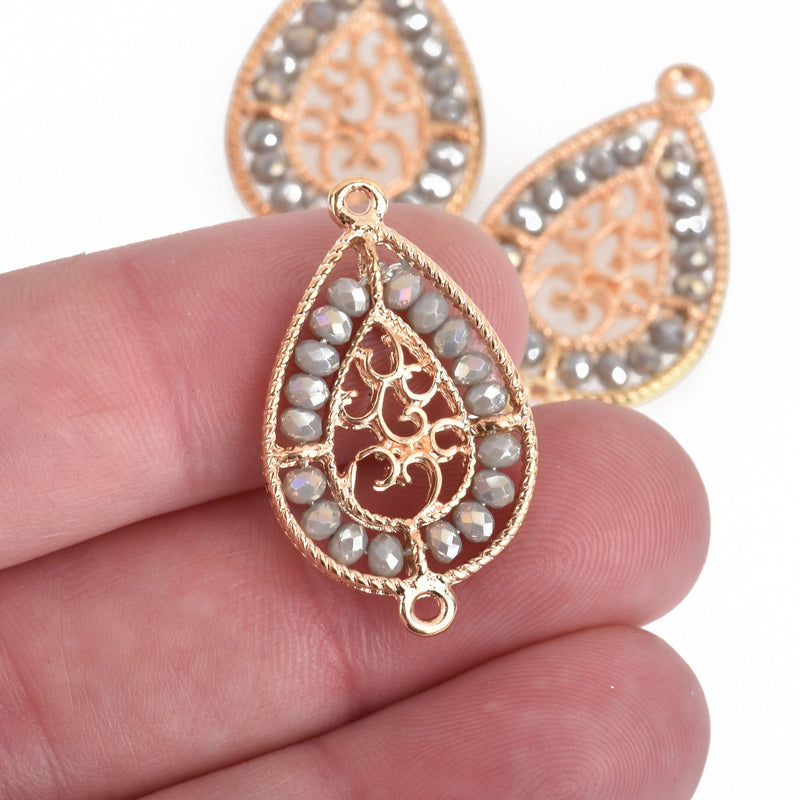 2 Gold Teardrop Filigree Charms, HEATHER GRAY AB Crystal Beads, Connector Link, 1.25" long, chs4026
