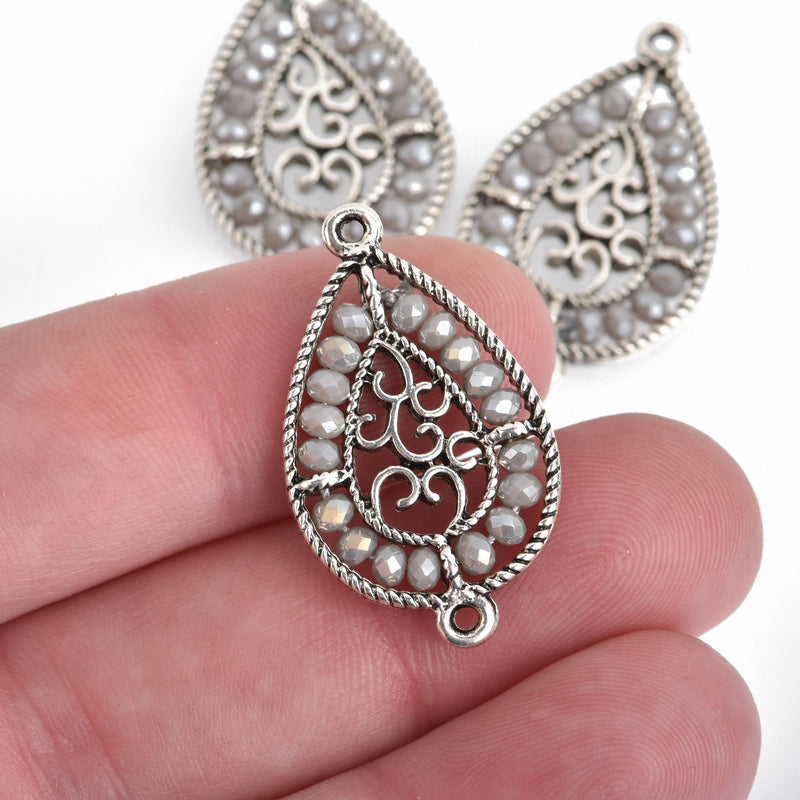 2 Silver Teardrop Filigree Charms, HEATHER GREY AB Crystal Beads, Connector Link, 1.25" long, chs4029