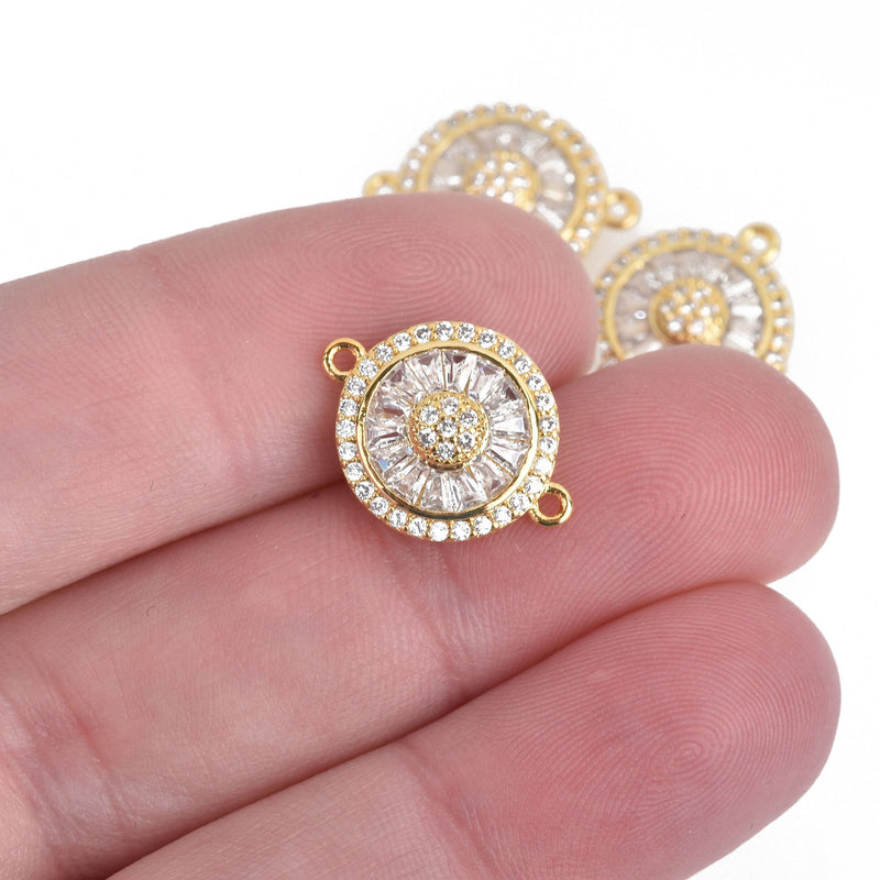 1 Gold Round Charm, Micro Pave CZ Cubic Zirconia Crystals, Rhinestone 2-hole Connector Link, 13mm, chs4481