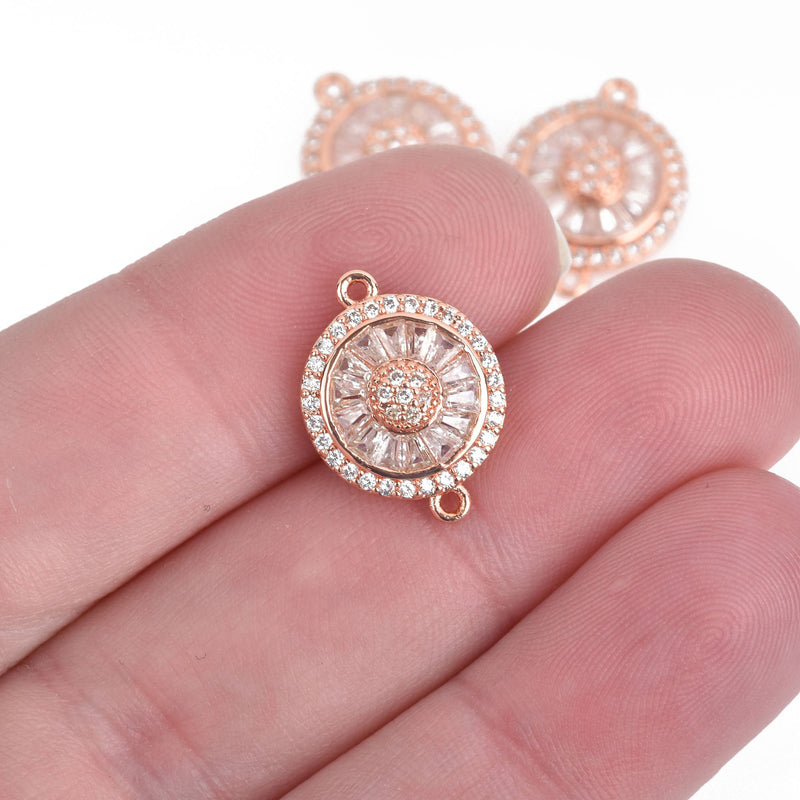 1 Rose Gold Round Charm, Micro Pave CZ Cubic Zirconia Crystals, Rhinestone 2-hole Connector Link, 17x13mm, chs4036