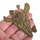 1 Bronze COW SKULL Pendant Southwest Style Pendant Charms 3" long chs4037