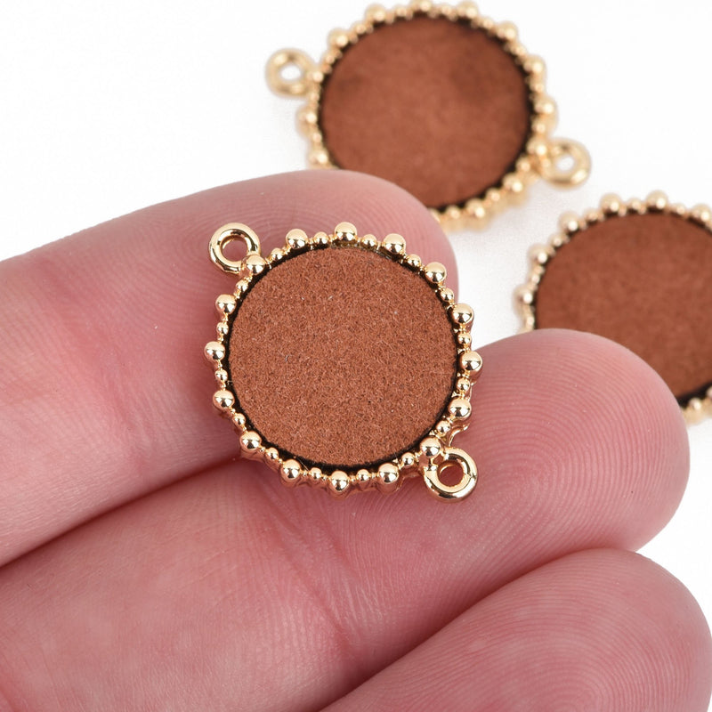 5 Gold Faux Suede Charms Circle Disc Charms with Brown Faux Leather 16mm round chs4044