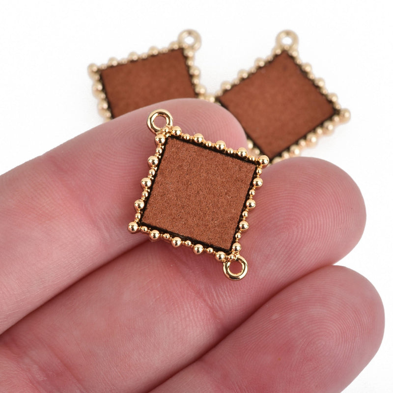 5 Gold Faux Suede Charms Square Charms with Brown Faux Leather 26mm chs4045