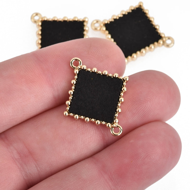 5 Gold Plated Diamond Square Charms with BLACK Faux Suede Leather, 26x22mm, chs4046