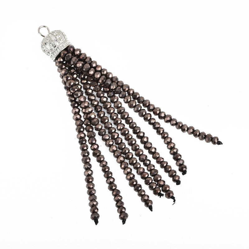 Crystal Bead Tassel Charm DARK CHOCOLATE crystals with SILVER Crown cap about 3" long chs4047