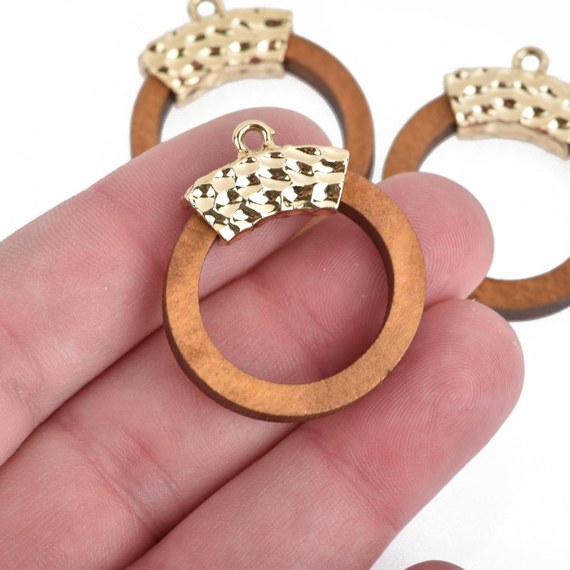 5 Round BROWN Wood Rings with Hammered Gold Bail 30x29mm chs4056