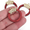 5 Round RED Wood Rings with Hammered Gold Bail 30x29mm chs4060