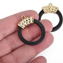 5 Round BLACK Wood Rings with Hammered Gold Bail 30x29mm chs4061