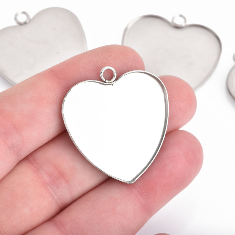 5 Stainless Steel HEART Charms CABOCHON SETTING Bezel Frame Pendants for resin Silver 30mm chs4078