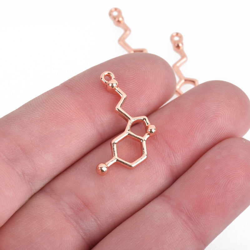 5 SEROTONIN Molecule Charms ROSE GOLD Plated Chemistry Science chs4082
