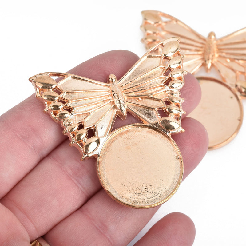 5 Rose Gold Butterfly Charms fits 25mm round cabochons 2" wide chs4086
