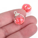 5 Glass Ball Charms round globe glass vial with sparkly PINK confetti stars 21x16mm chs4090