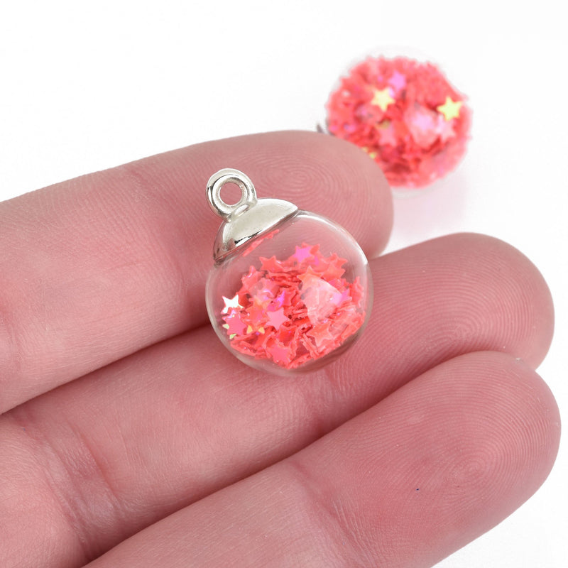 5 Glass Ball Charms round globe glass vial with sparkly PINK confetti stars 21x16mm chs4090