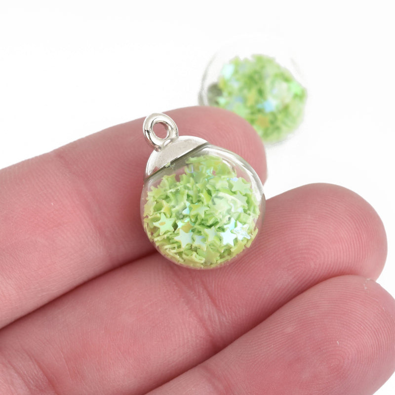 5 Glass Ball Charms round globe glass vial with sparkly GREEN confetti stars 21x16mm chs4091