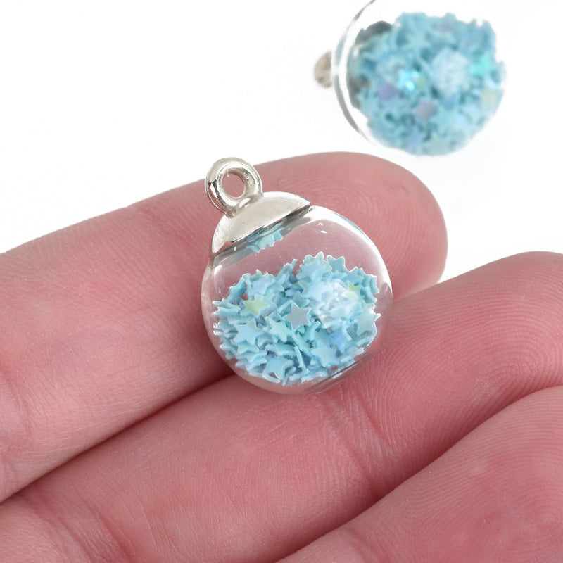 5 Glass Ball Charms round globe glass vial with sparkly LIGHT BLUE confetti stars 21x16mm chs4092