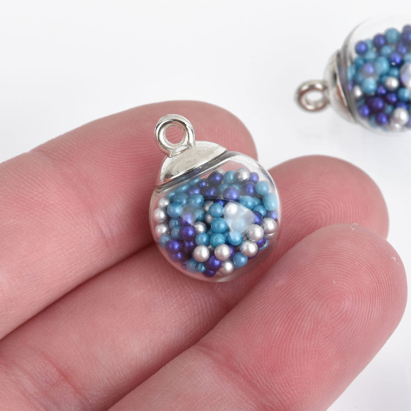 5 Glass Ball Charms round globe glass vial with PURPLE BLUE SILVER micro beads 21x16mm chs4099