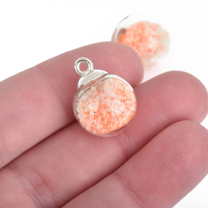 5 Glow in the Dark Glass Ball Charms round globe glass vial with PEACH Confetti 21x16mm chs4101