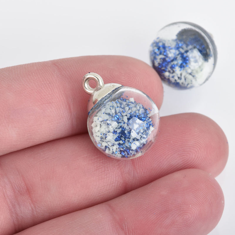 5 Glow in the Dark Glass Ball Charms round globe glass vial with BLUE Glitter Confetti 21x16mm chs4102