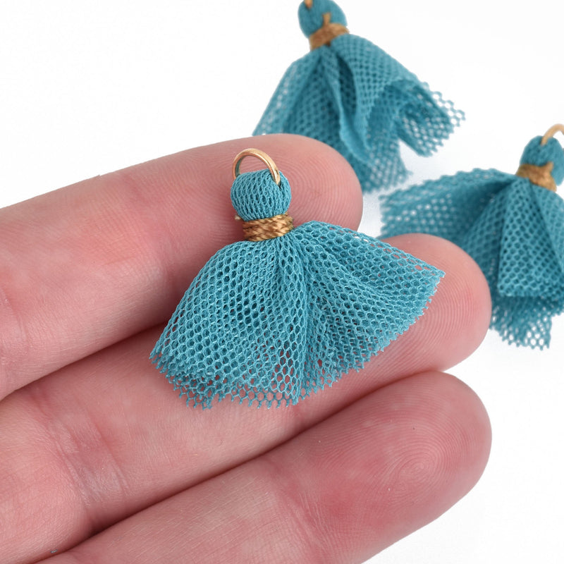 10 TEAL BLUE Tulle TASSEL Charms 28mm long (about 1-1/8"), chs4104