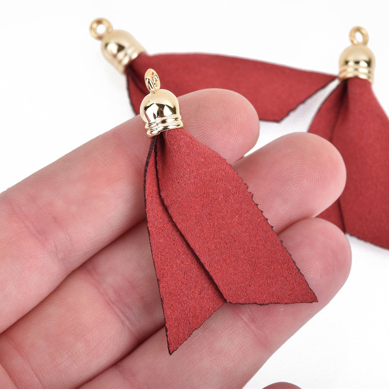 10 DARK RED Faux Leather Ribbon Tassel Charms with gold cap 2" long chs4110