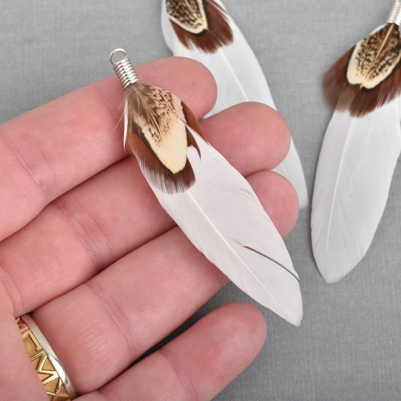 10 White Real Feather Charms with silver bail 2.5" long, chs4114